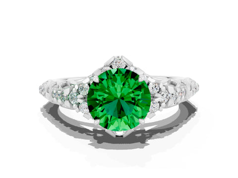 White gold Round Cut Emerald Solitaire Ring with Hidden Halo and Pavé Band_30