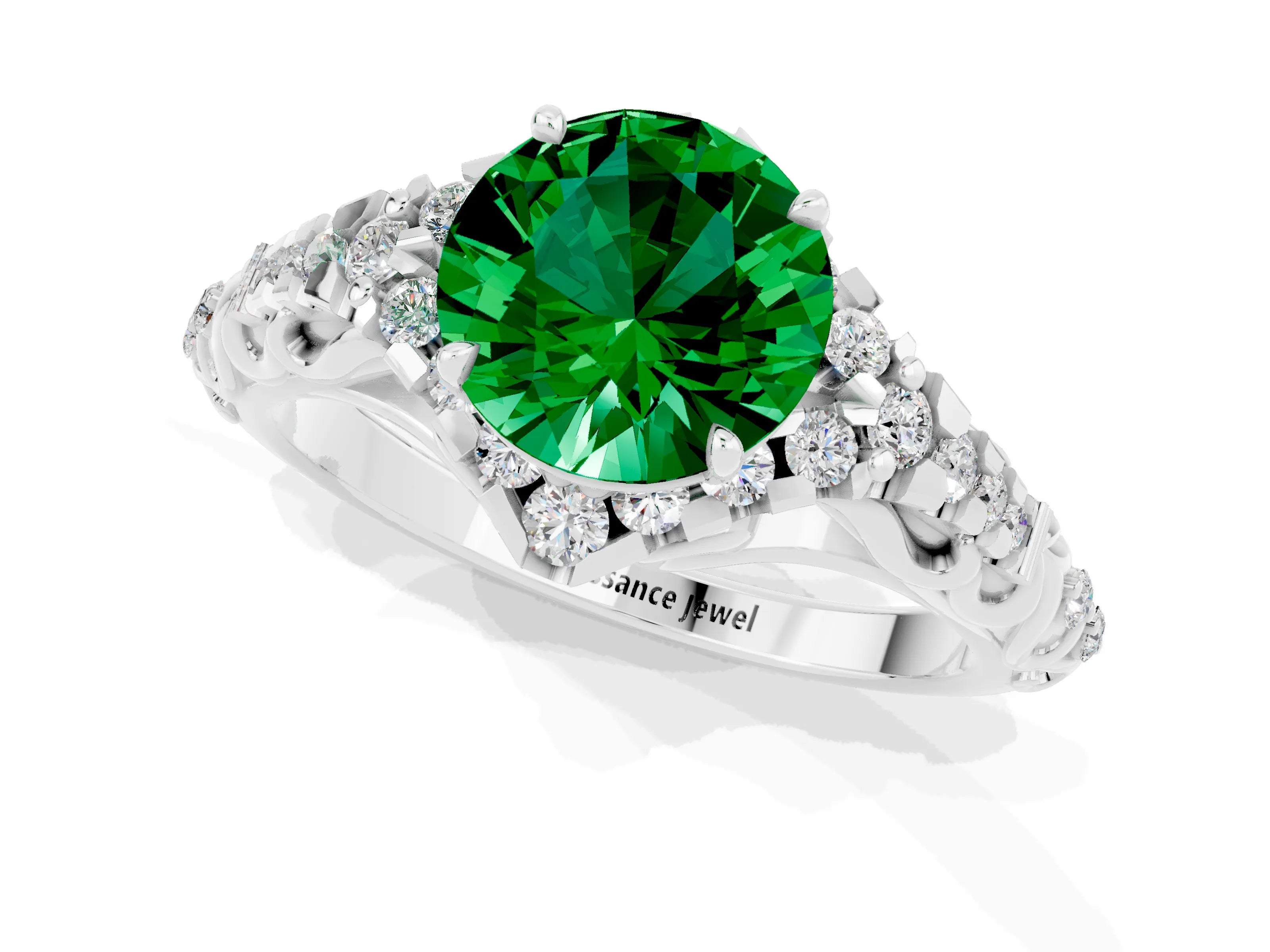 White gold Round Cut Emerald Solitaire Ring with Hidden Halo and Pavé Band_31