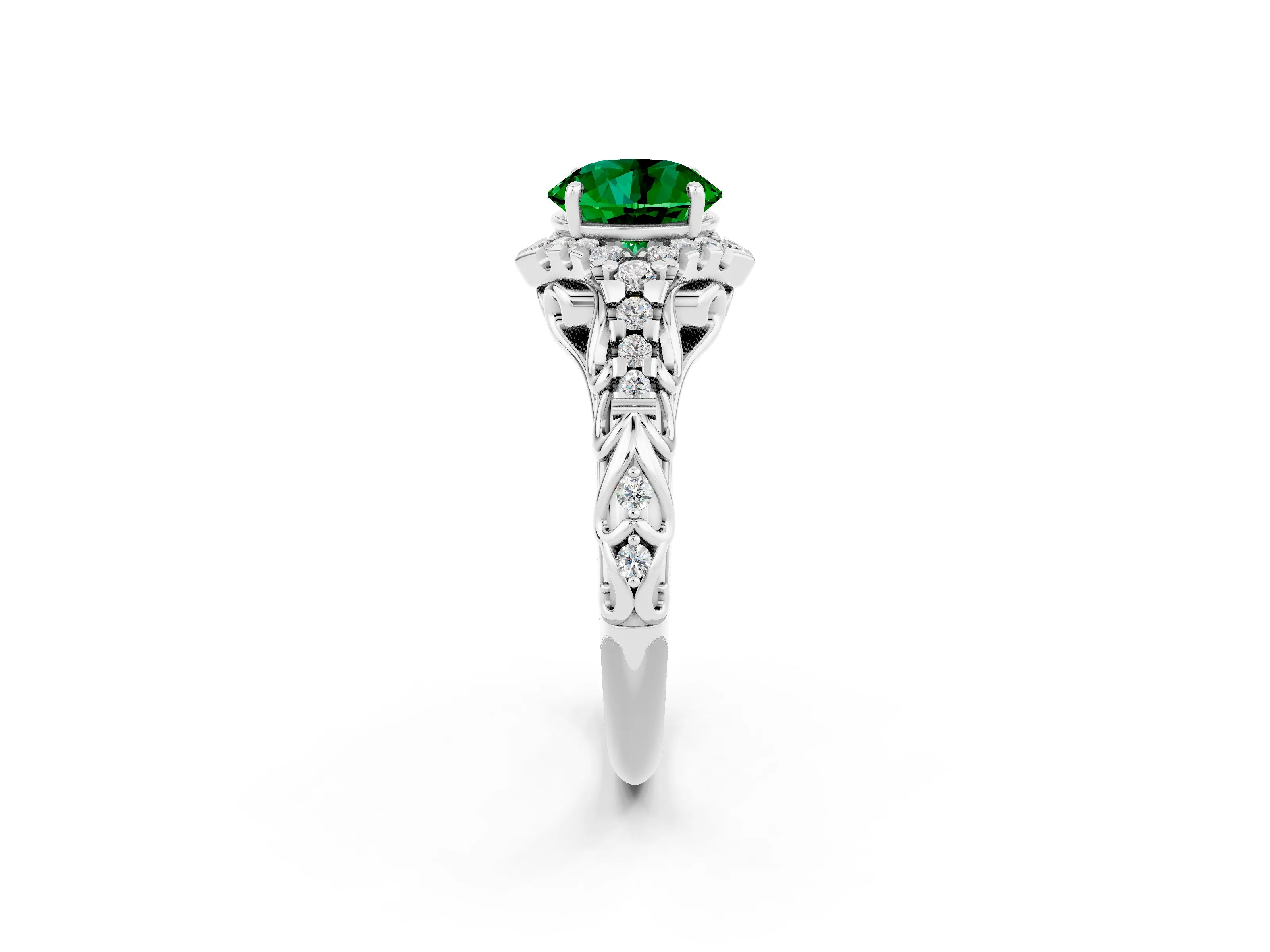 White gold Round Cut Emerald Solitaire Ring with Hidden Halo and Pavé Band_32