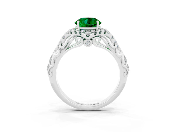 White gold Round Cut Emerald Solitaire Ring with Hidden Halo and Pavé Band