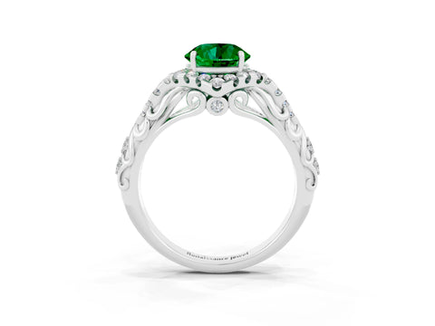 White gold Round Cut Emerald Solitaire Ring with Hidden Halo and Pavé Band_33