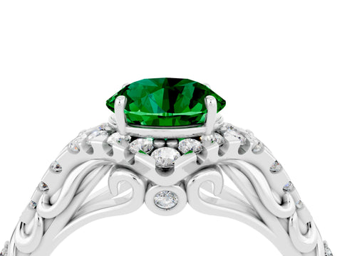 White gold Round Cut Emerald Solitaire Ring with Hidden Halo and Pavé Band_34