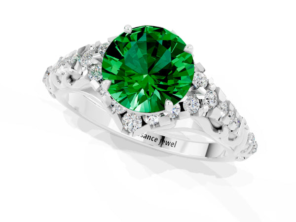 Platinum Round Cut Emerald Solitaire Ring with Hidden Halo and Pavé Band