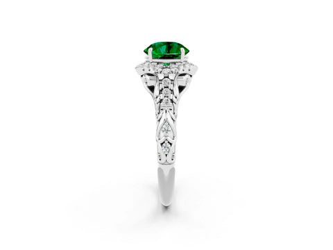 White gold Round Cut Emerald Solitaire Ring with Hidden Halo and Pavé Band_37