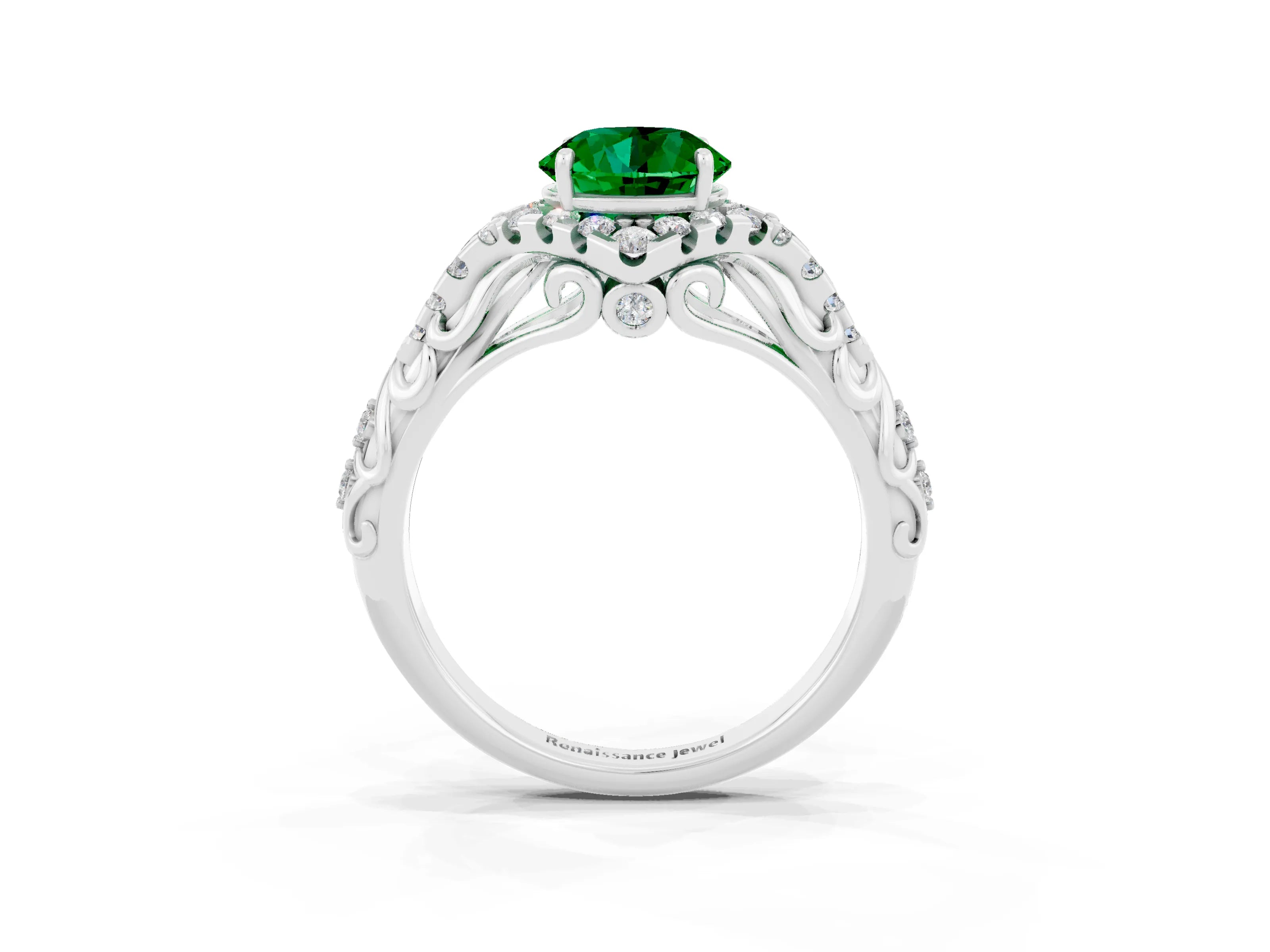 White gold Round Cut Emerald Solitaire Ring with Hidden Halo and Pavé Band_38