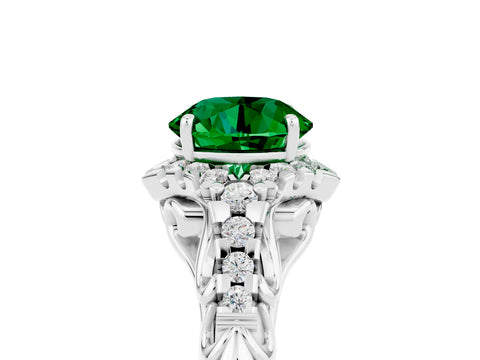 White gold Round Cut Emerald Solitaire Ring with Hidden Halo and Pavé Band_40