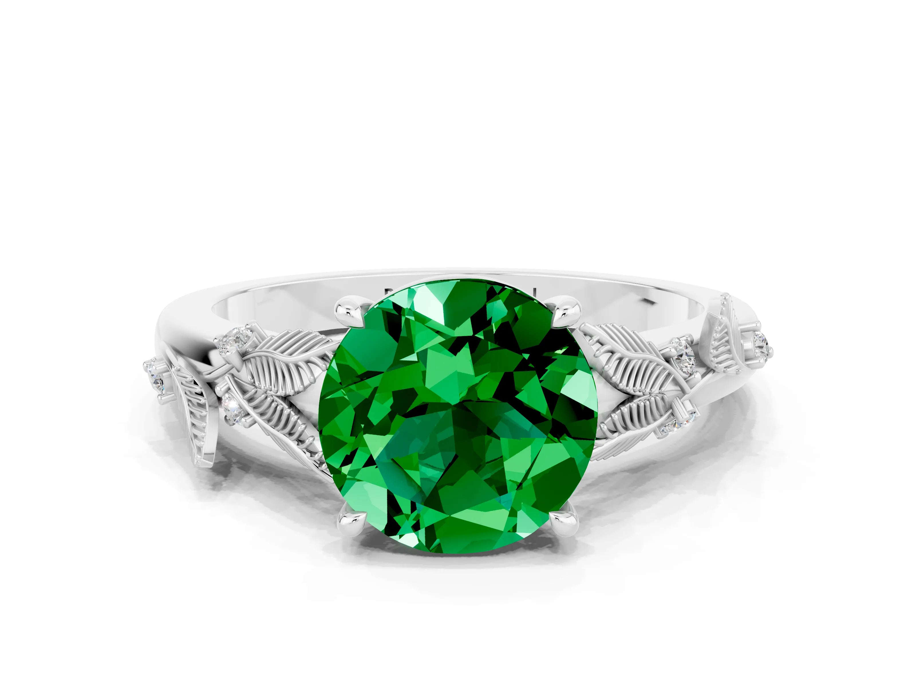 White gold Round Cut Emerald Solitaire Ring with Leaf Motif Band and Four-Prong Setting_12