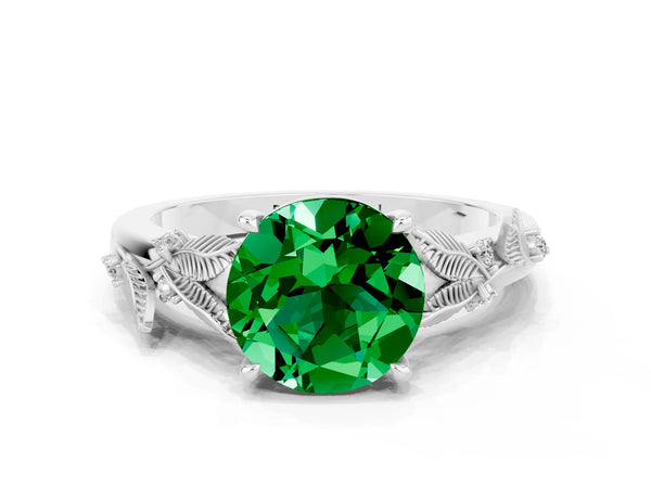 White gold Round Cut Emerald Solitaire Ring with Leaf Motif Band and Four-Prong Setting