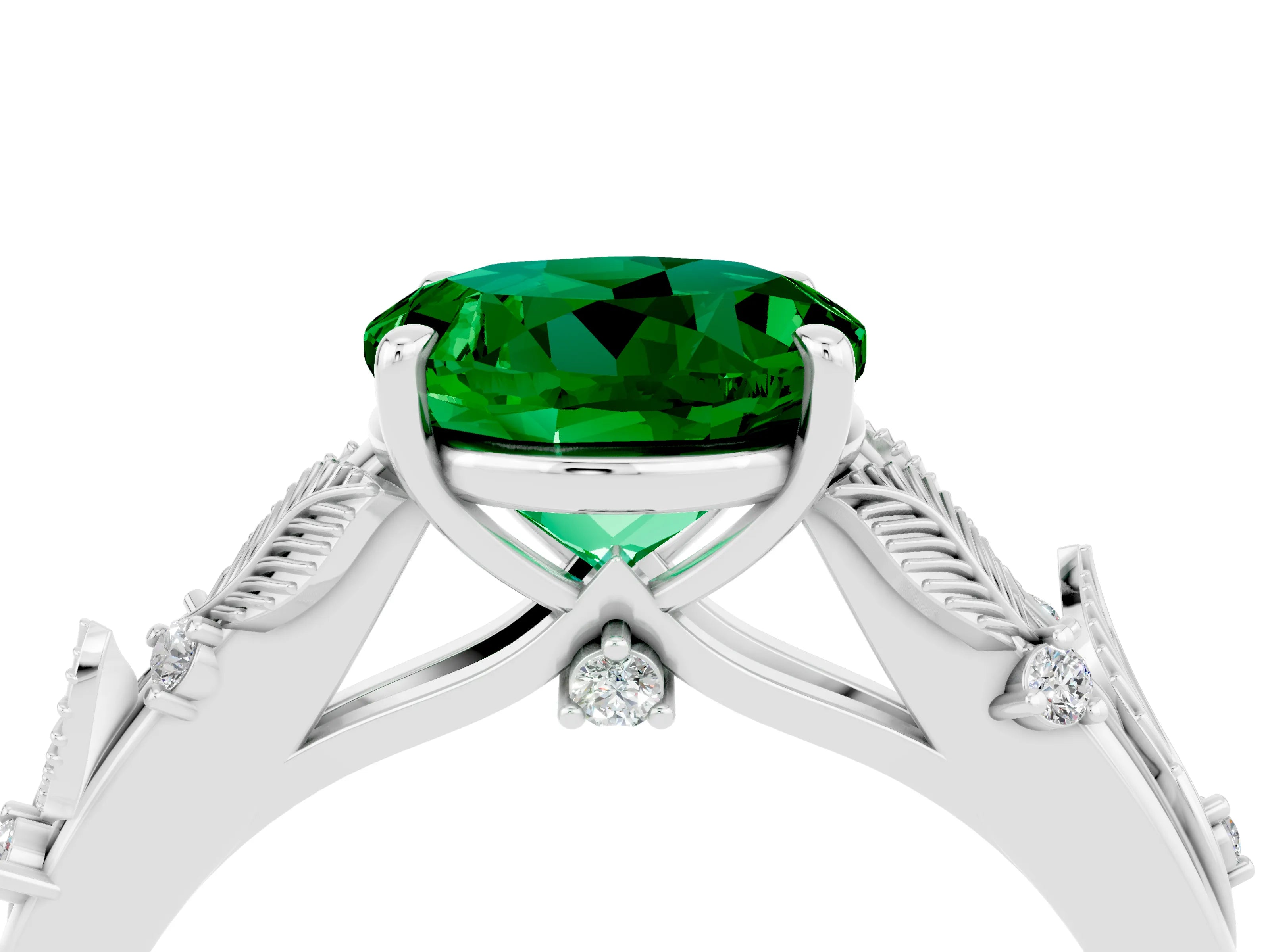 White gold Round Cut Emerald Solitaire Ring with Leaf Motif Band and Four-Prong Setting_16