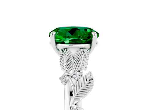 White gold Round Cut Emerald Solitaire Ring with Leaf Motif Band and Four-Prong Setting_17