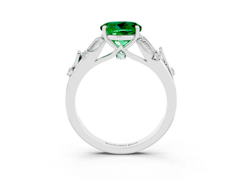 White gold Round Cut Emerald Solitaire Ring with Leaf Motif Band and Four-Prong Setting_3