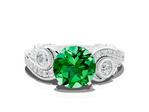 White gold Round Cut Emerald Solitaire Ring with Milgrain Pavé Band and Four-Prong Setting_12