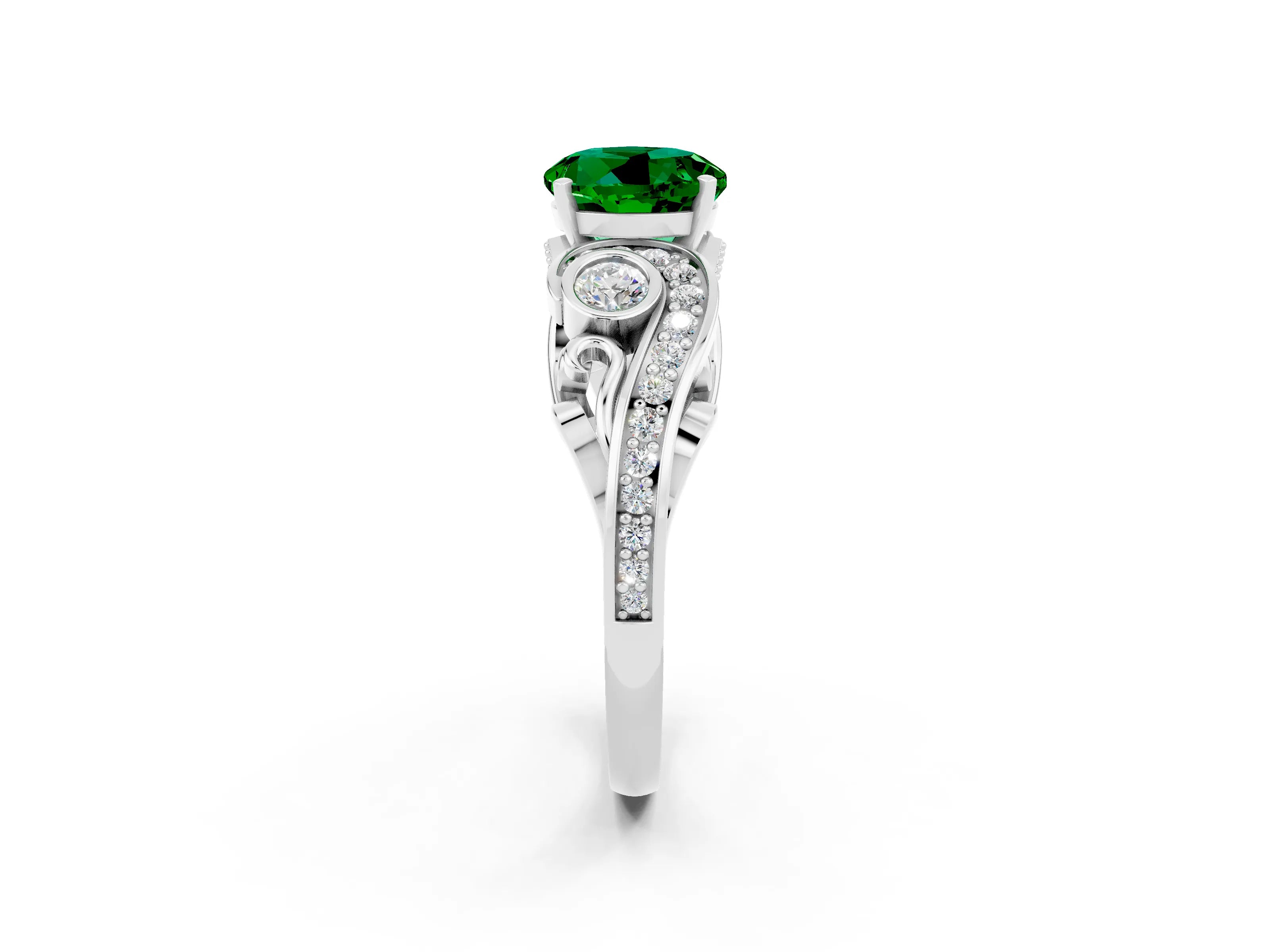 White gold Round Cut Emerald Solitaire Ring with Milgrain Pavé Band and Four-Prong Setting_14
