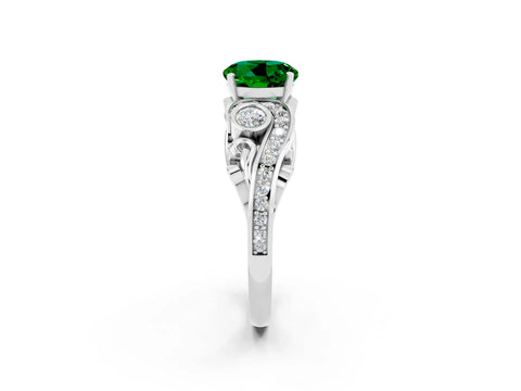 White gold Round Cut Emerald Solitaire Ring with Milgrain Pavé Band and Four-Prong Setting_14