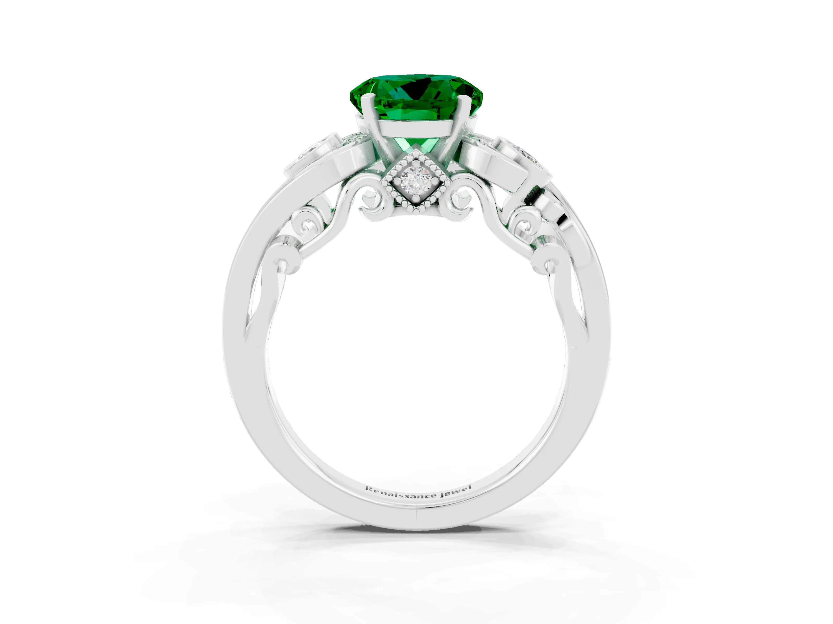 White gold Round Cut Emerald Solitaire Ring with Milgrain Pavé Band and Four-Prong Setting_15