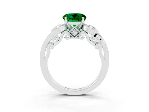White gold Round Cut Emerald Solitaire Ring with Milgrain Pavé Band and Four-Prong Setting_15