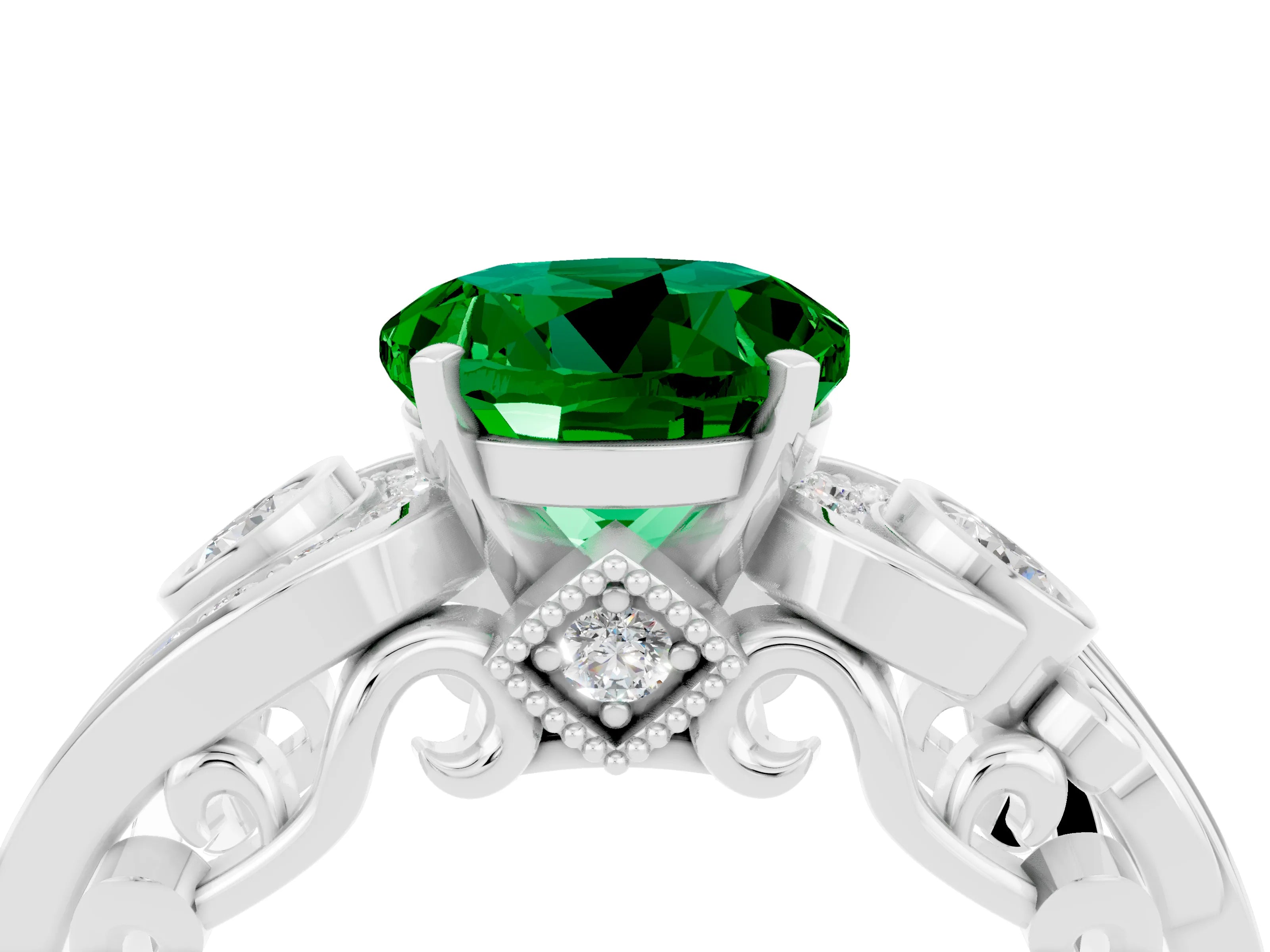 White gold Round Cut Emerald Solitaire Ring with Milgrain Pavé Band and Four-Prong Setting_16