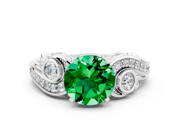 Silver Round Cut Emerald Solitaire Ring with Milgrain Pavé Band and Four-Prong Setting