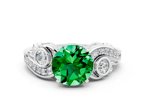 White gold Round Cut Emerald Solitaire Ring with Milgrain Pavé Band and Four-Prong Setting_19