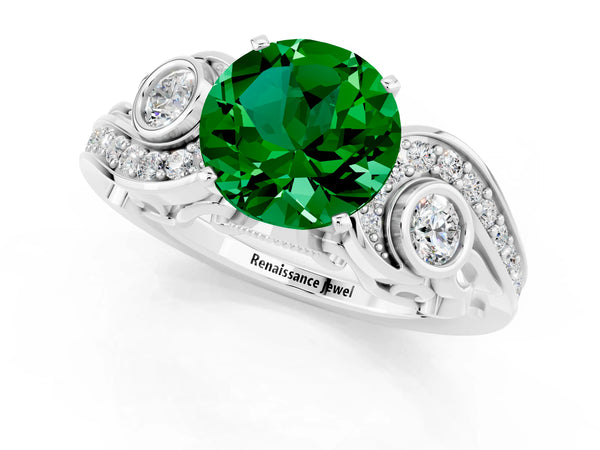 Platinum Round Cut Emerald Solitaire Ring with Milgrain Pavé Band and Four-Prong Setting