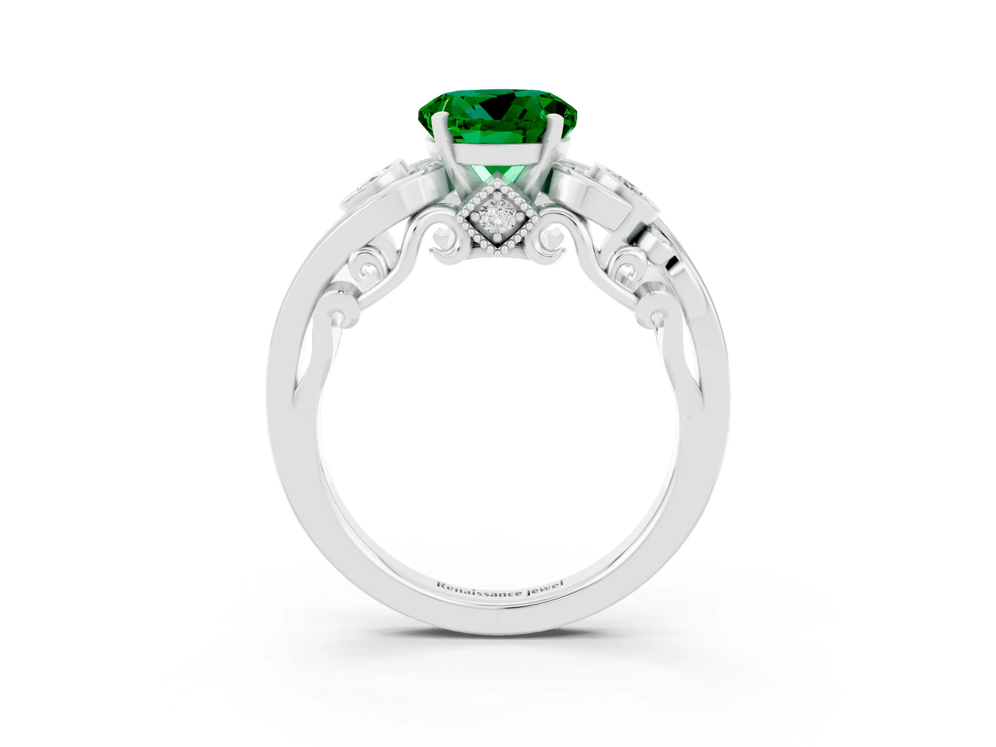 White gold Round Cut Emerald Solitaire Ring with Milgrain Pavé Band and Four-Prong Setting_22