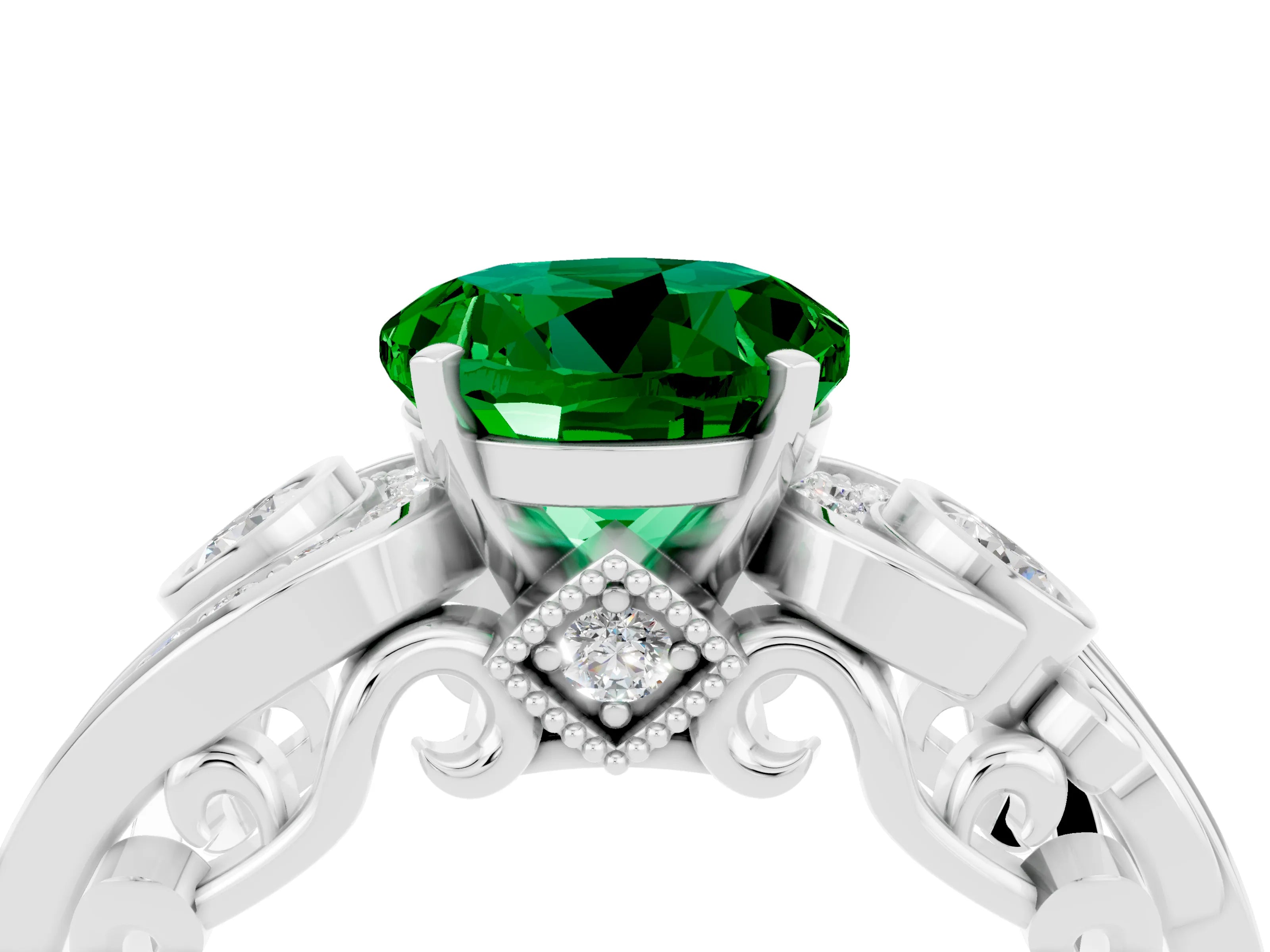 White gold Round Cut Emerald Solitaire Ring with Milgrain Pavé Band and Four-Prong Setting_23