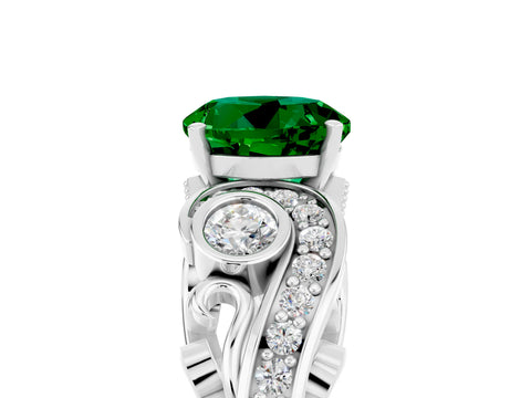 White gold Round Cut Emerald Solitaire Ring with Milgrain Pavé Band and Four-Prong Setting_23