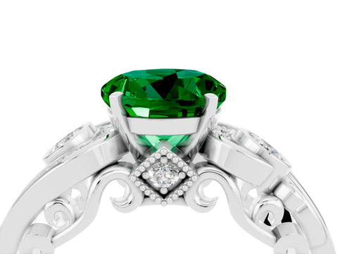White gold Round Cut Emerald Solitaire Ring with Milgrain Pavé Band and Four-Prong Setting_23