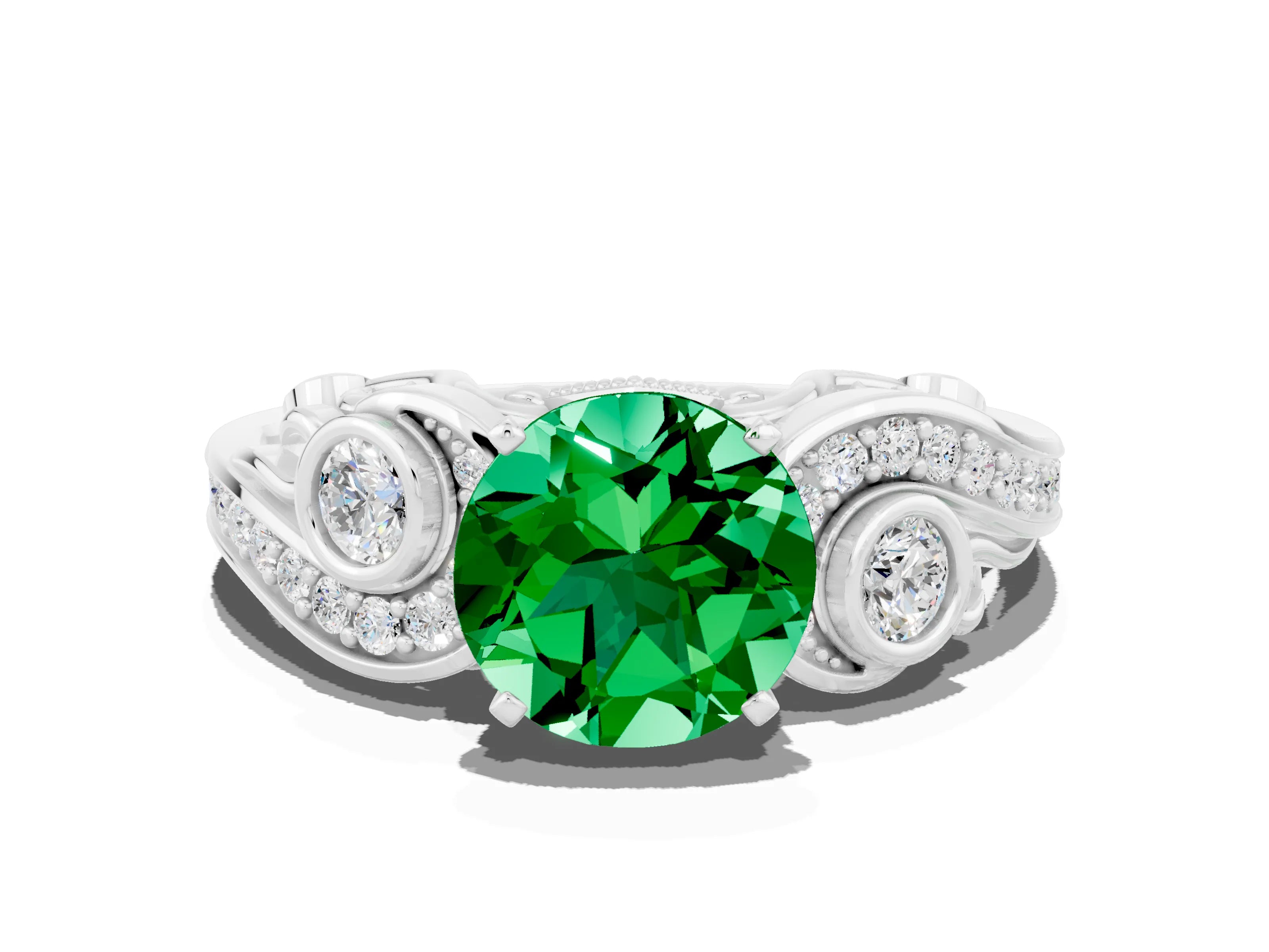 White gold Round Cut Emerald Solitaire Ring with Milgrain Pavé Band and Four-Prong Setting_48