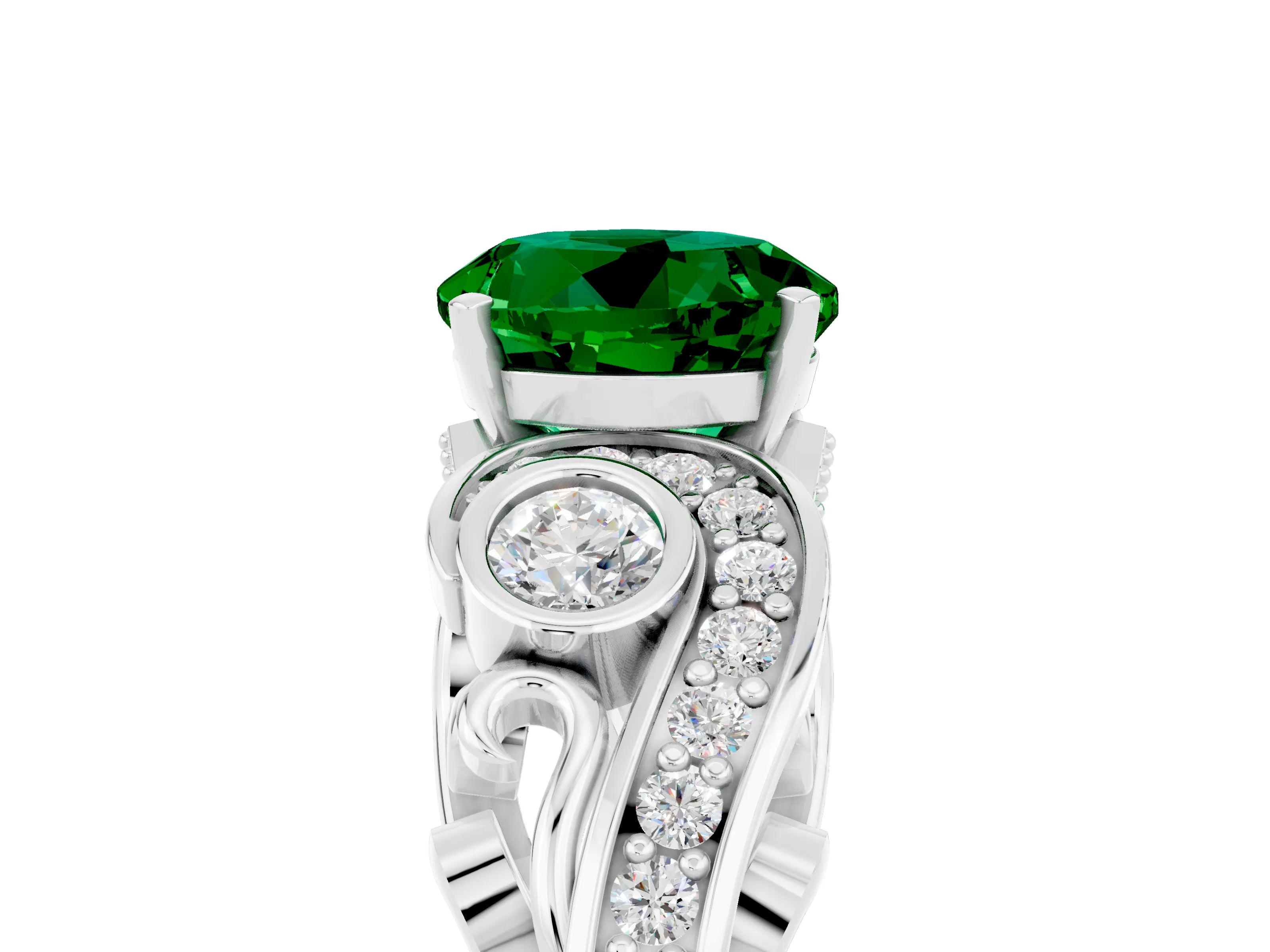 White gold Round Cut Emerald Solitaire Ring with Milgrain Pavé Band and Four-Prong Setting_53