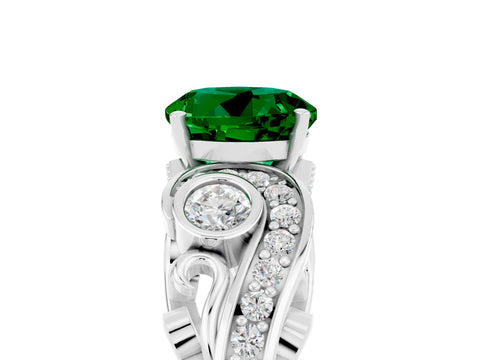 White gold Round Cut Emerald Solitaire Ring with Milgrain Pavé Band and Four-Prong Setting_53