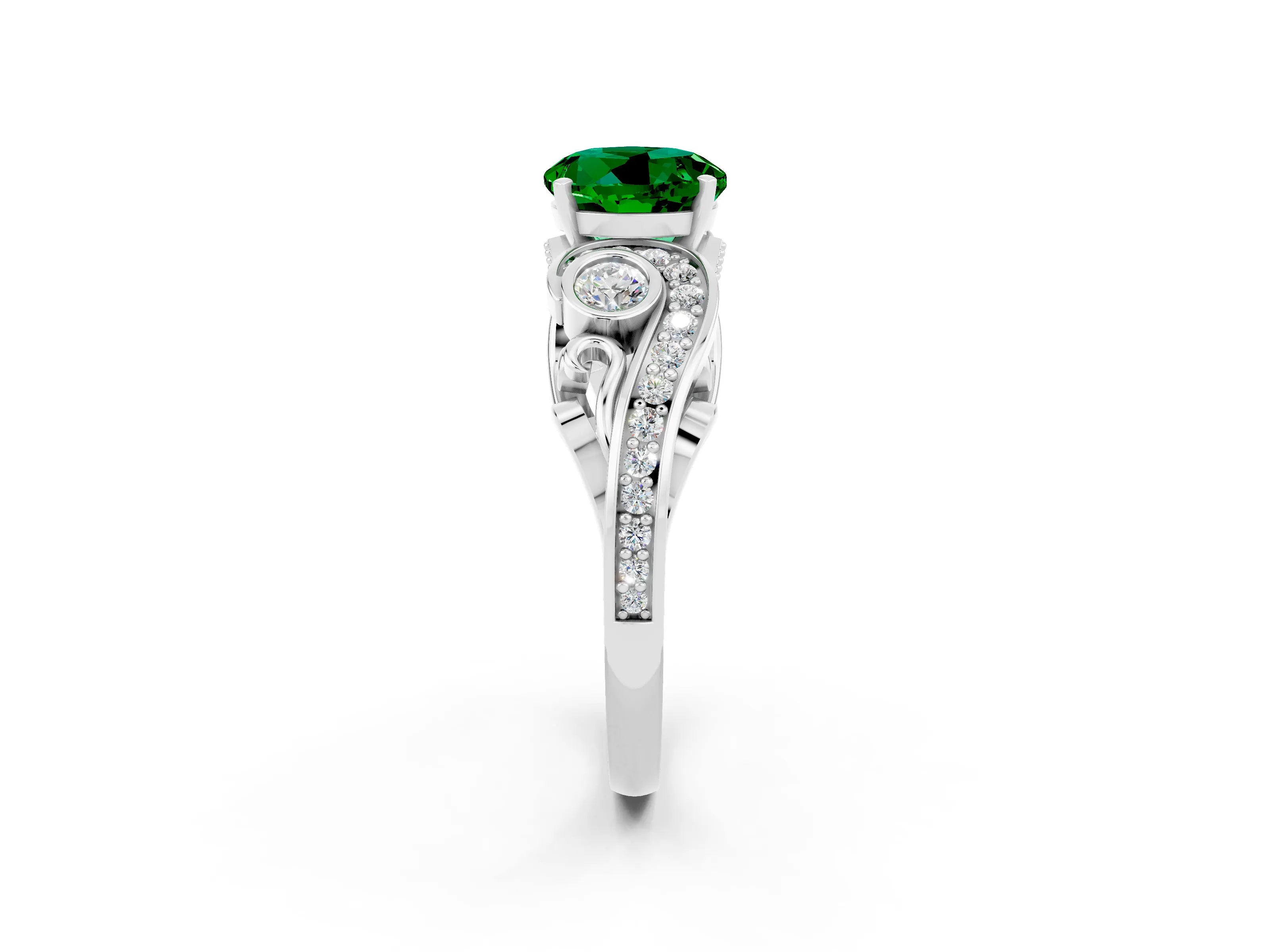 White gold Round Cut Emerald Solitaire Ring with Milgrain Pavé Band and Four-Prong Setting_56