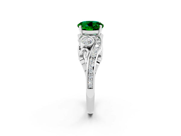 White gold Round Cut Emerald Solitaire Ring with Milgrain Pavé Band and Four-Prong Setting