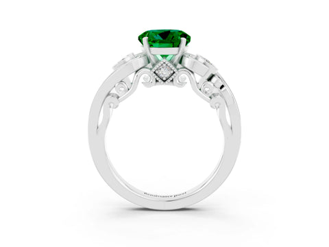 White gold Round Cut Emerald Solitaire Ring with Milgrain Pavé Band and Four-Prong Setting_57