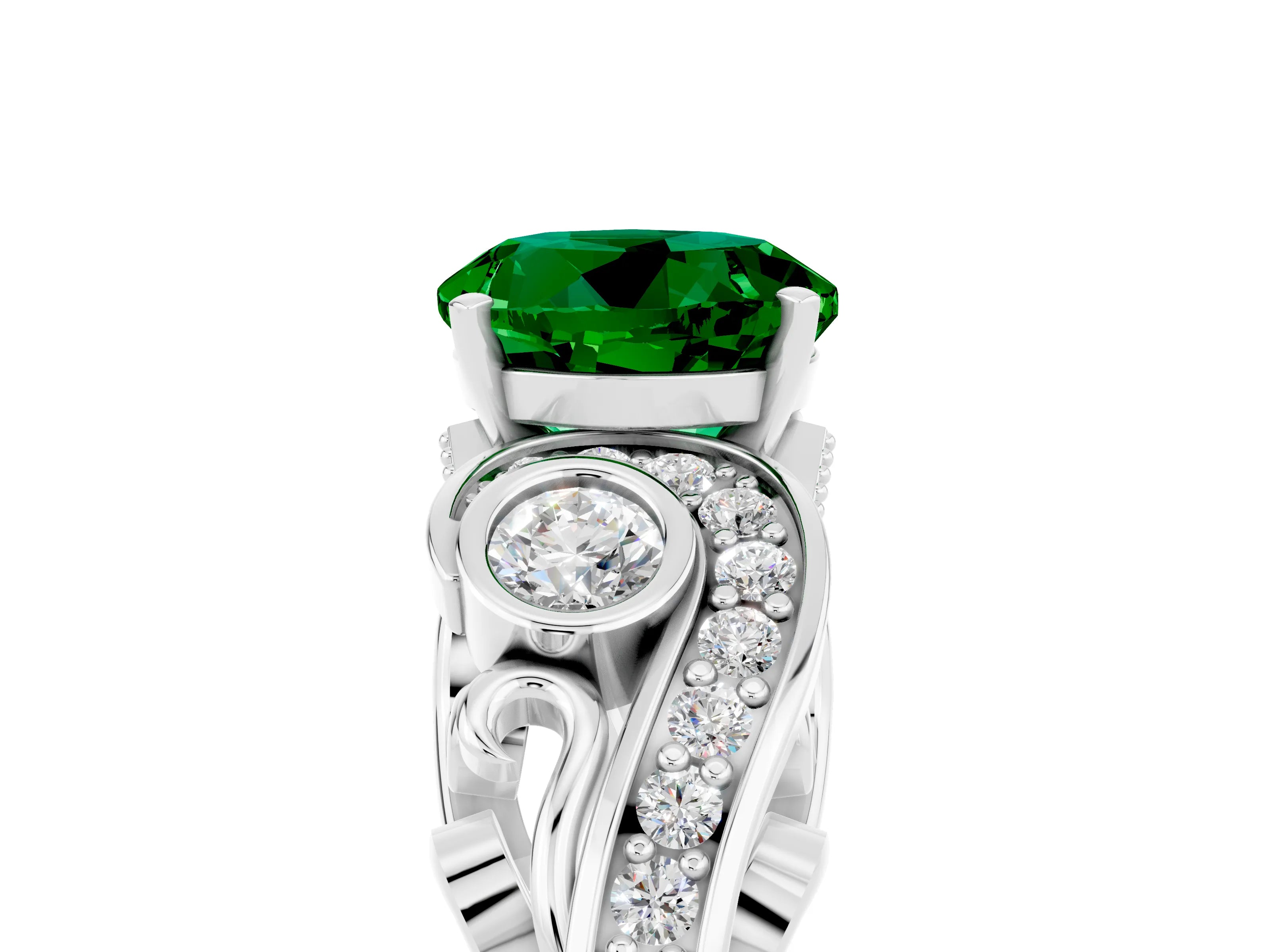 White gold Round Cut Emerald Solitaire Ring with Milgrain Pavé Band and Four-Prong Setting_59