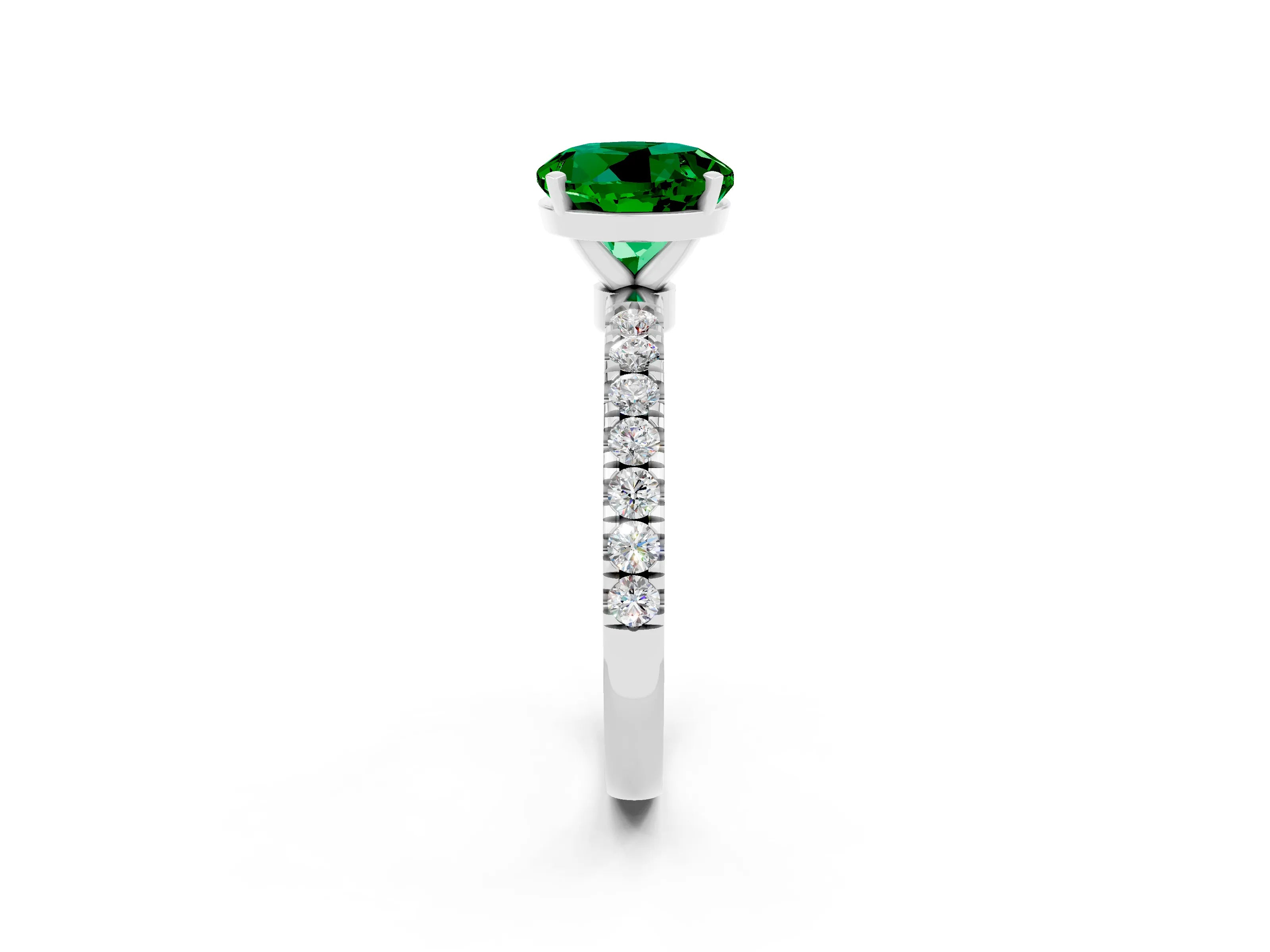 White gold Round Cut Emerald Solitaire Ring with Pavé Accents and Four-Prong Setting_2