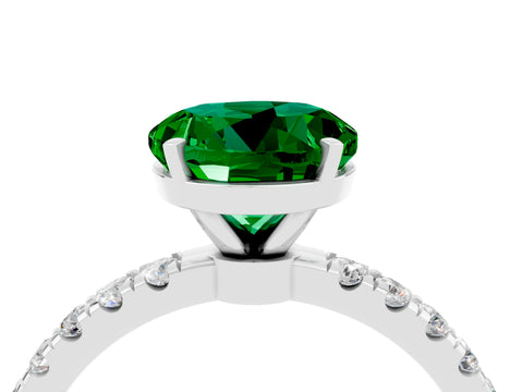 White gold Round Cut Emerald Solitaire Ring with Pavé Accents and Four-Prong Setting_4
