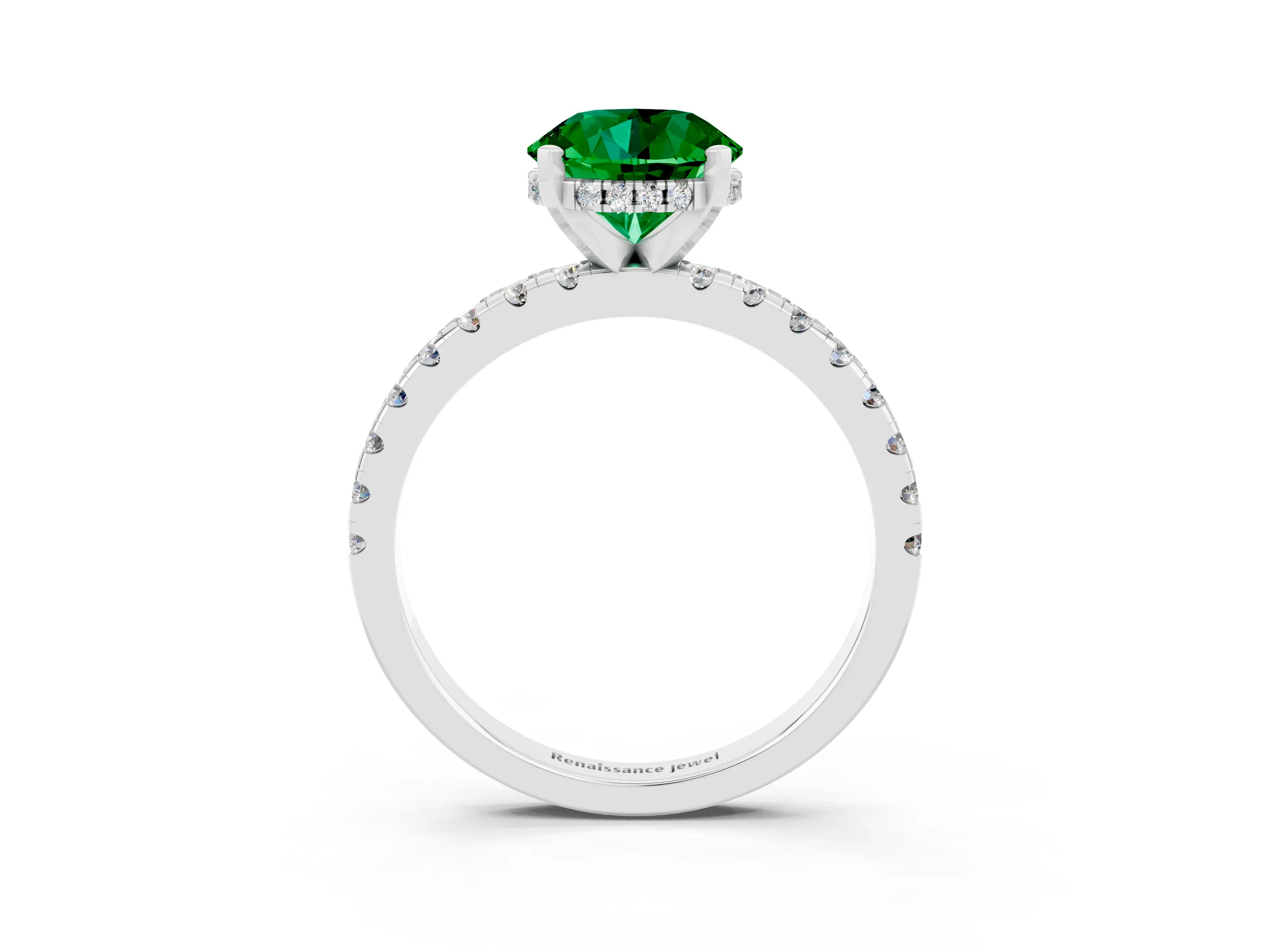 White gold Round Cut Emerald Solitaire Ring with Pavé Band and Four-Prong Setting_27