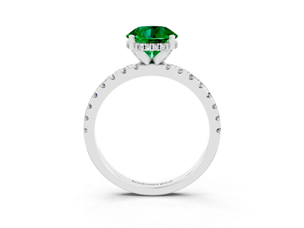White gold Round Cut Emerald Solitaire Ring with Round  Pavé Band and Four-Prong Setting