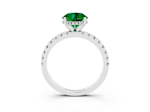White gold Round Cut Emerald Solitaire Ring with Pavé Band and Four-Prong Setting_27