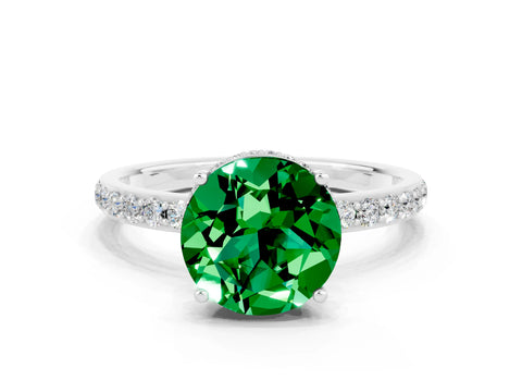 White gold Round Cut Emerald Solitaire Ring with Pavé Band and Hidden Halo_24