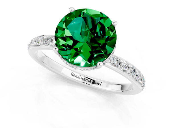 White gold Round Cut Emerald Solitaire Ring with Pavé Band and Hidden Halo