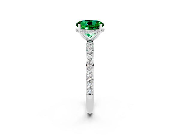 White gold Round Cut Emerald Solitaire Ring with Pavé Band and Hidden Halo