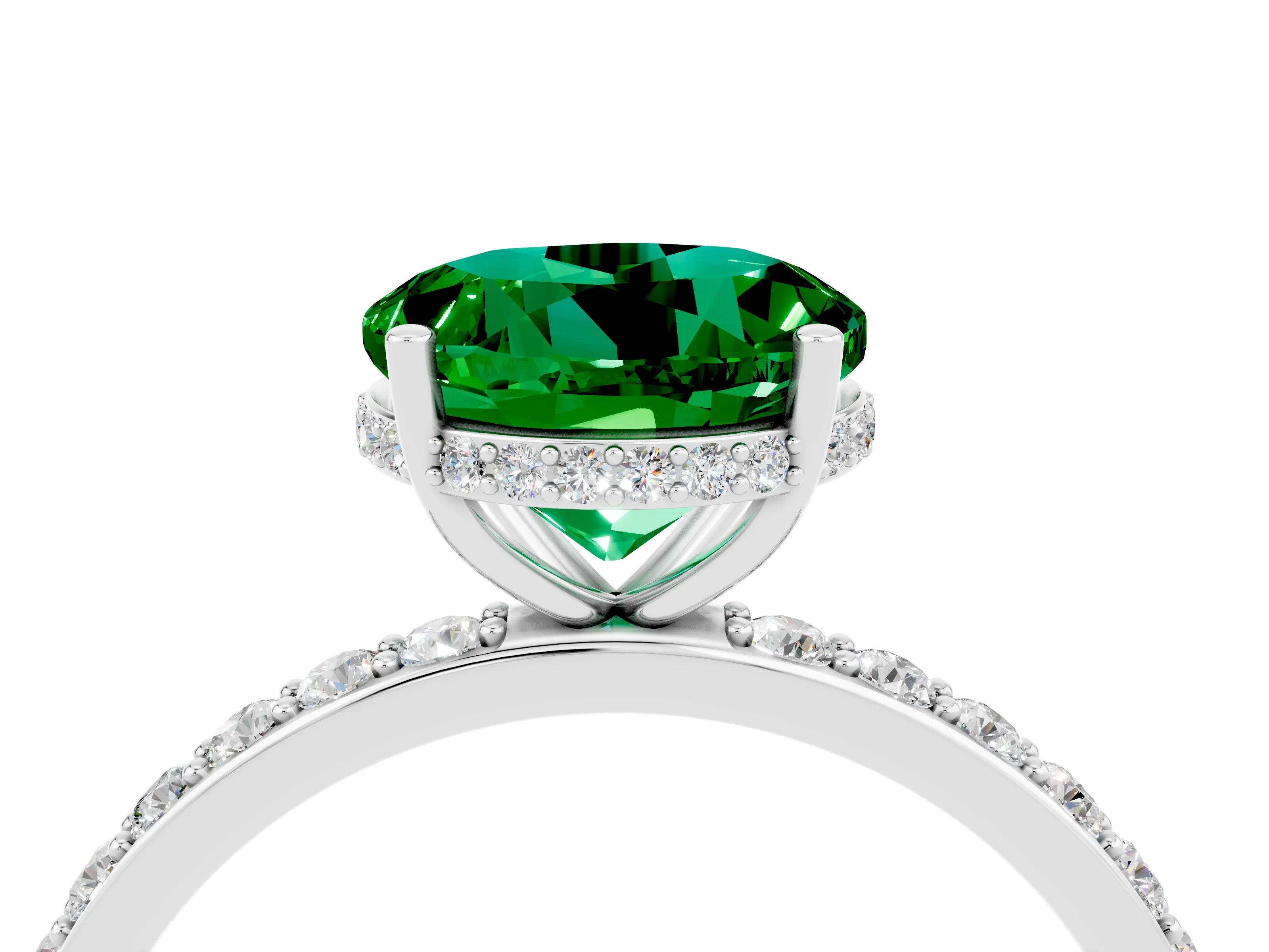 White gold Round Cut Emerald Solitaire Ring with Pavé Band and Hidden Halo_28