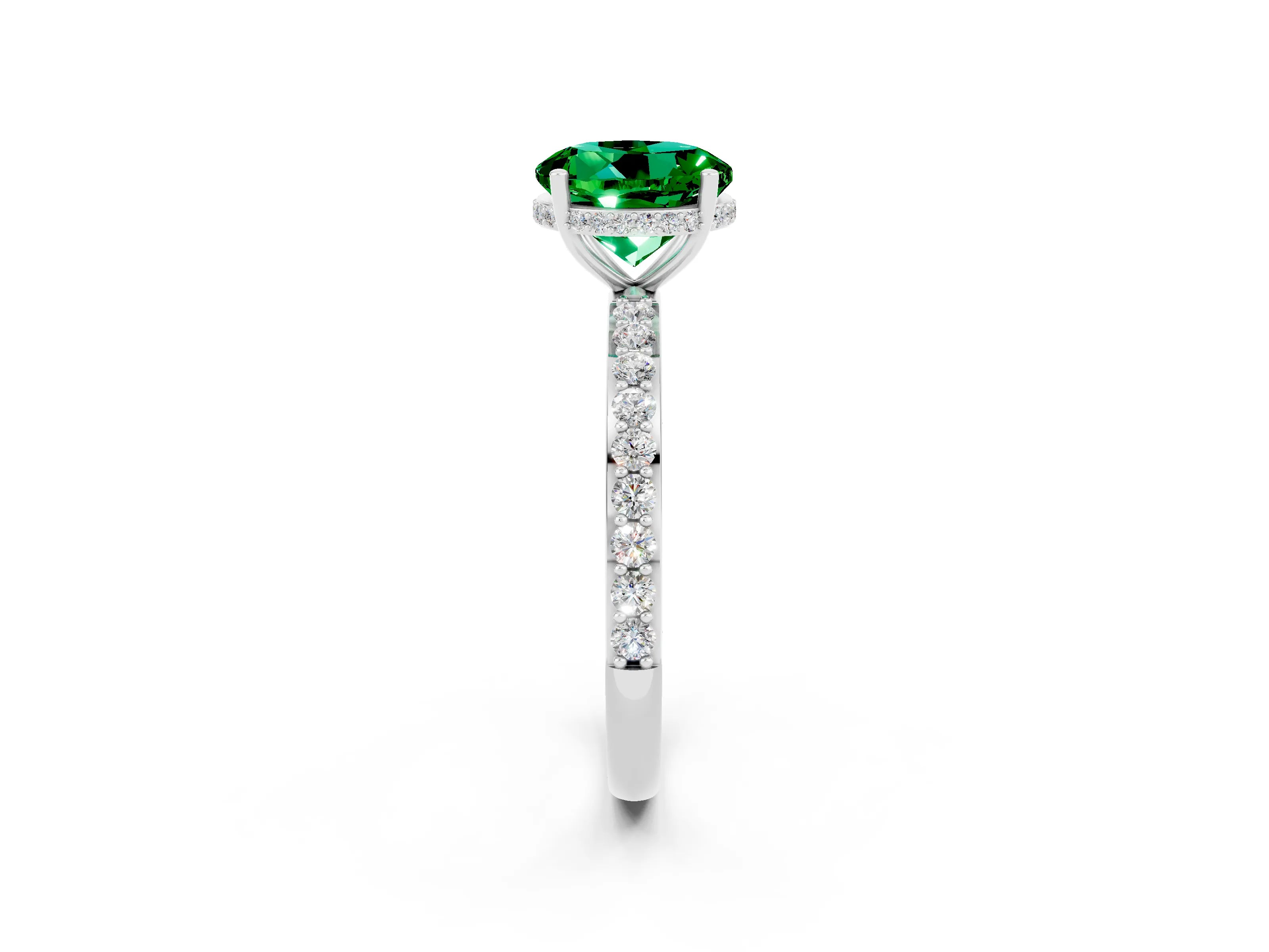 White gold Round Cut Emerald Solitaire Ring with Pavé Band and Hidden Halo_2