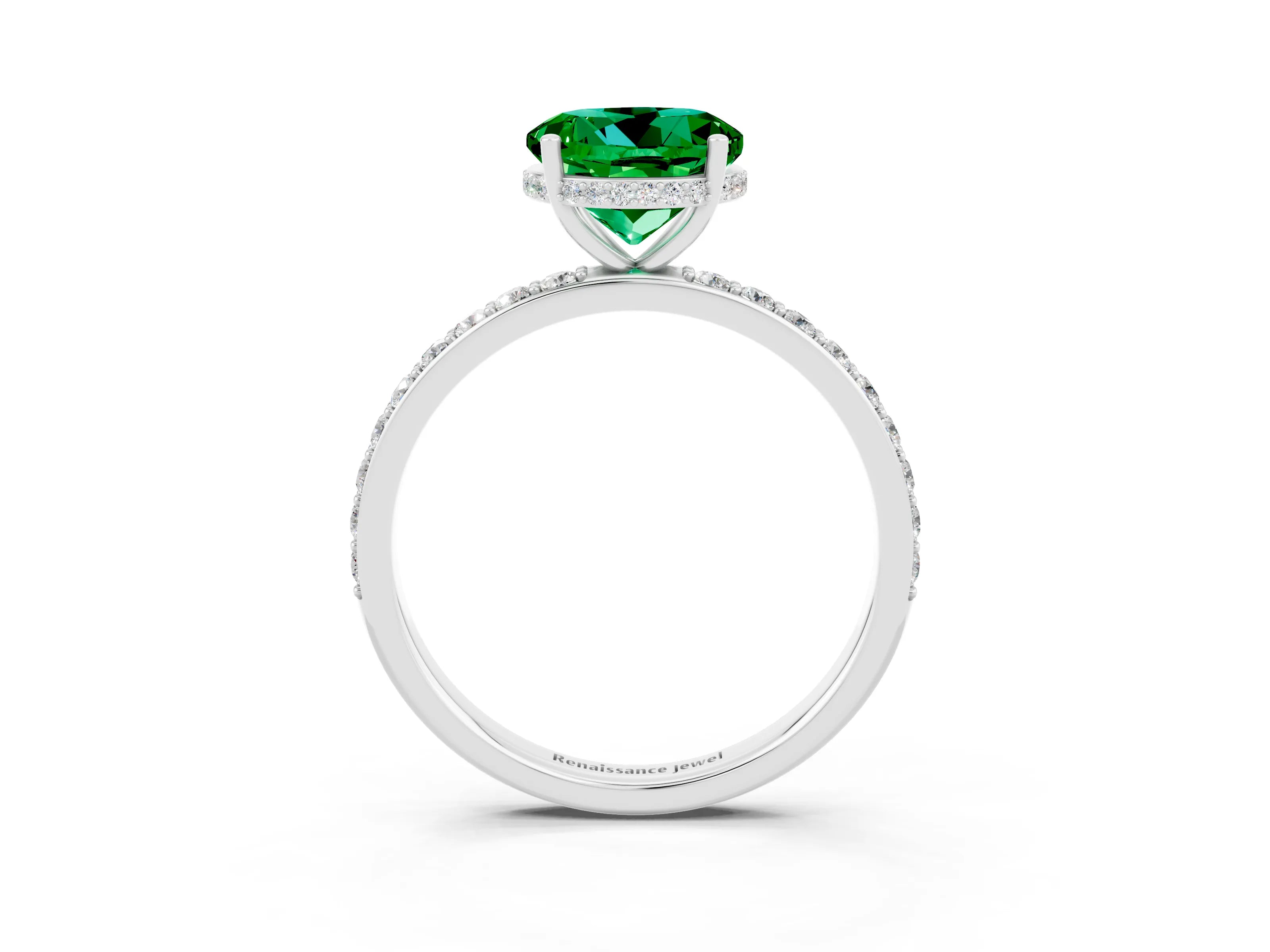 White gold Round Cut Emerald Solitaire Ring with Pavé Band and Hidden Halo_3