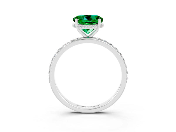 Silver Round Cut Emerald Solitaire Ring with Pavé Band and Hidden Halo