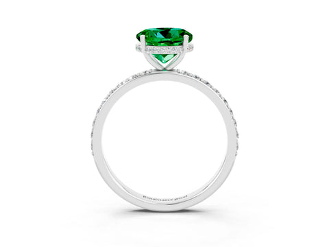 White gold Round Cut Emerald Solitaire Ring with Pavé Band and Hidden Halo_3