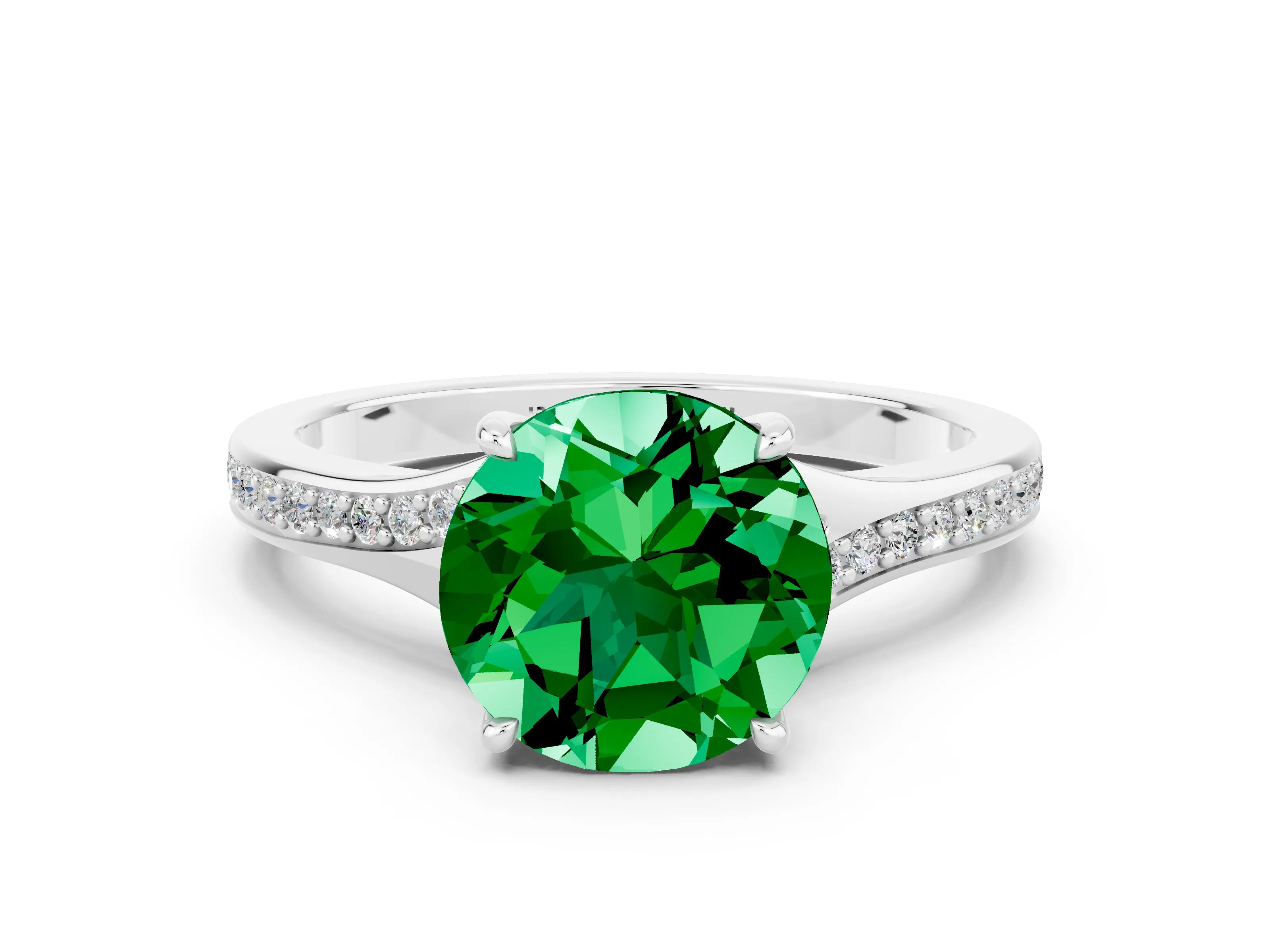 White gold Round Cut Emerald Solitaire Ring with Pavé Band and Prong Setting_12