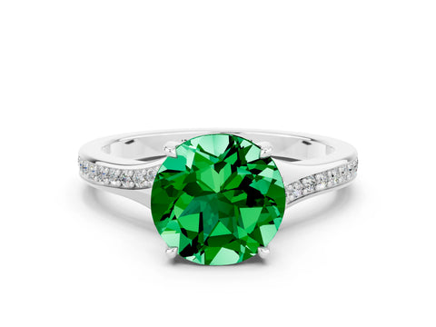 White gold Round Cut Emerald Solitaire Ring with Pavé Band and Prong Setting_12